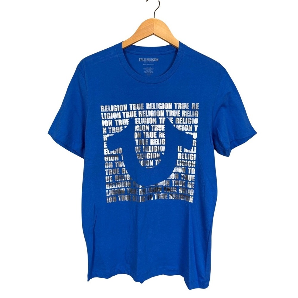 True Religion Men's Blue Script Logo T Shirt Size Medium NWT‎